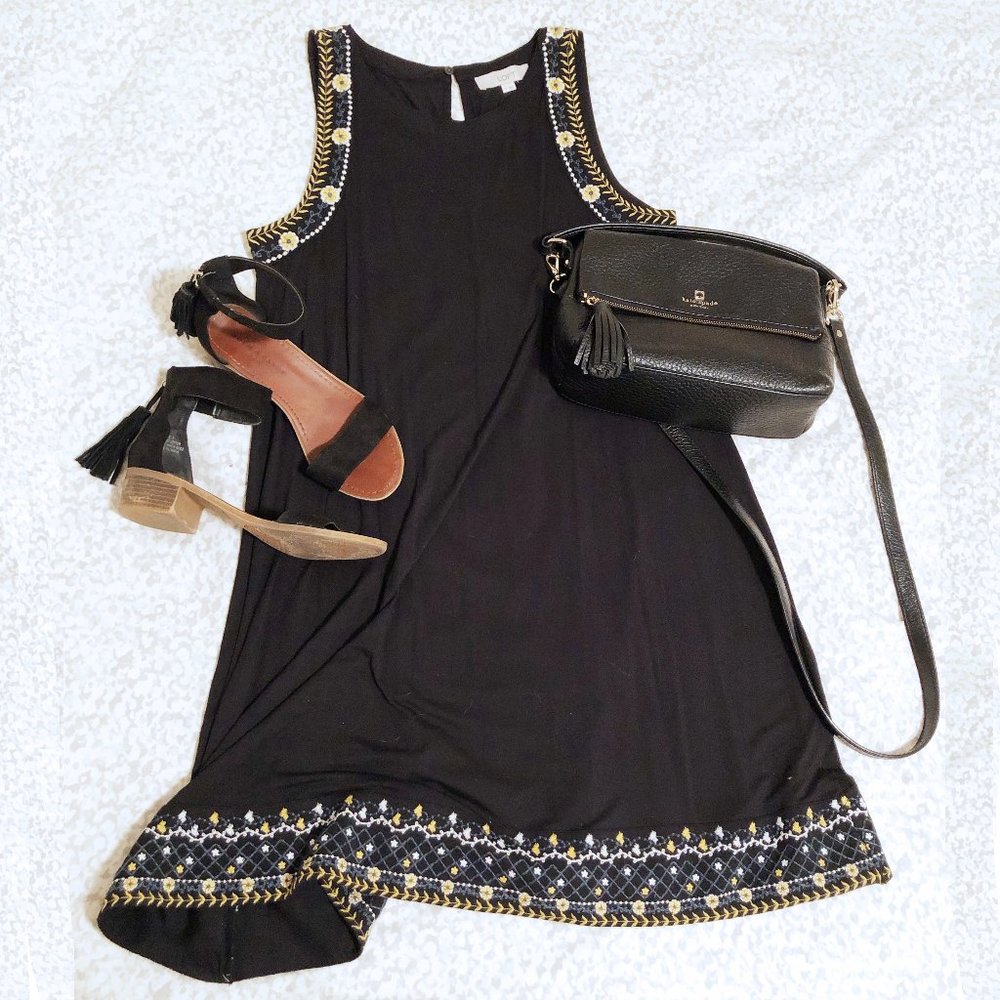 LOFT Black Embroidered Swing Dress - SIZE M